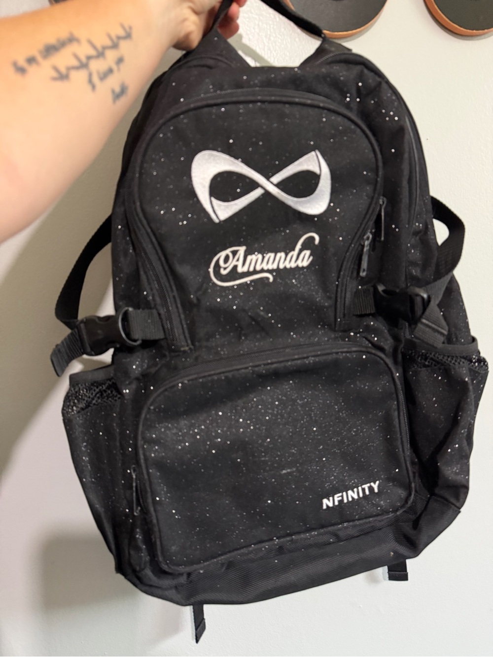 NFINITY Black Backpack with White Logo and Amanda Embroidery